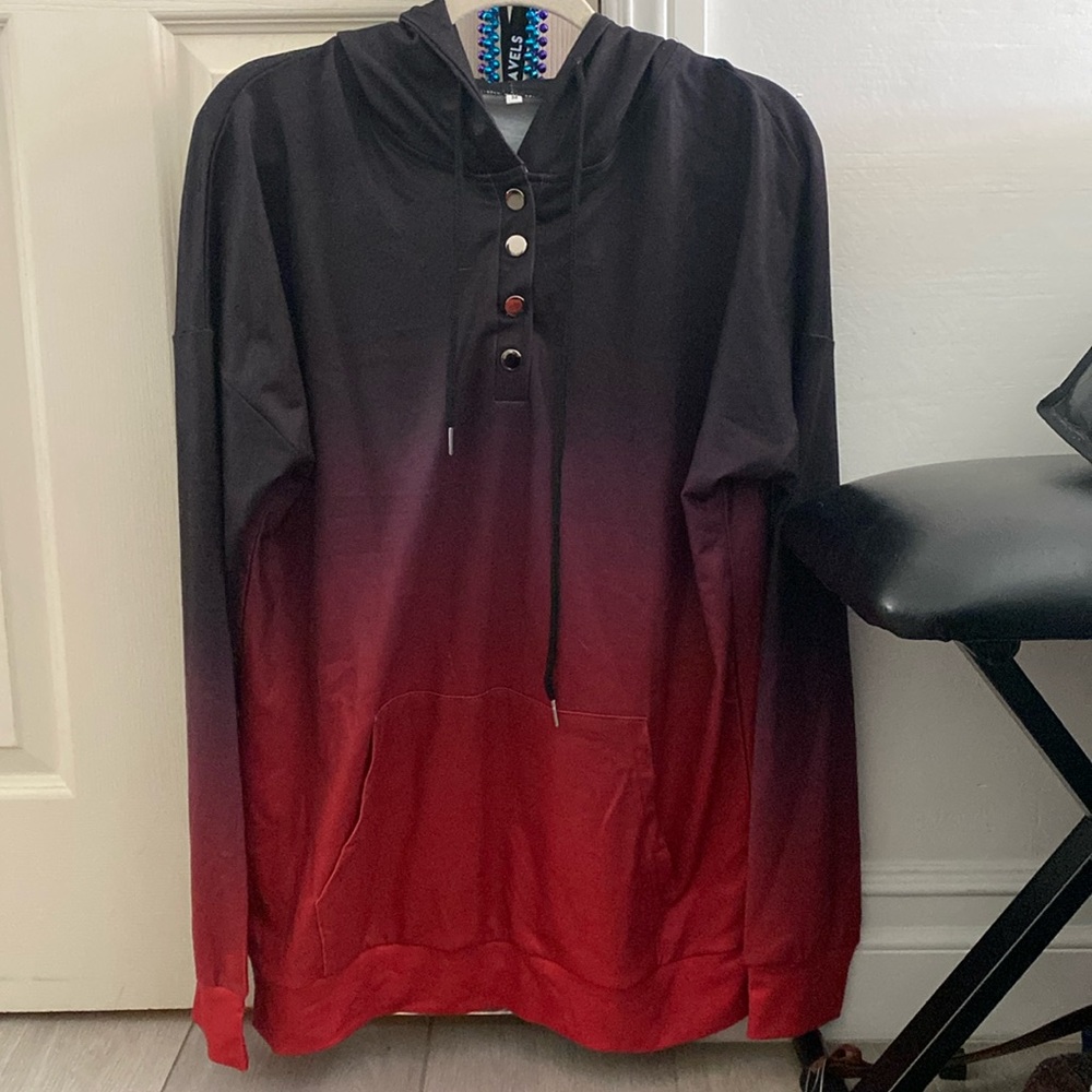 Amazon. Women’s medium hoodie with black to red gradient and buttons